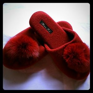 Minnie Rose Cashmere Fur Pom Slippers